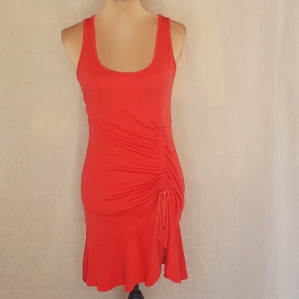 ♤♤ Heartloom Orange Ribbed Tank Dress Size XS Hi-low Hem Drawstring Ruched